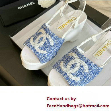 Chanel Tweed  &  Patent Calfskin Sandals G45555 Blue 2024